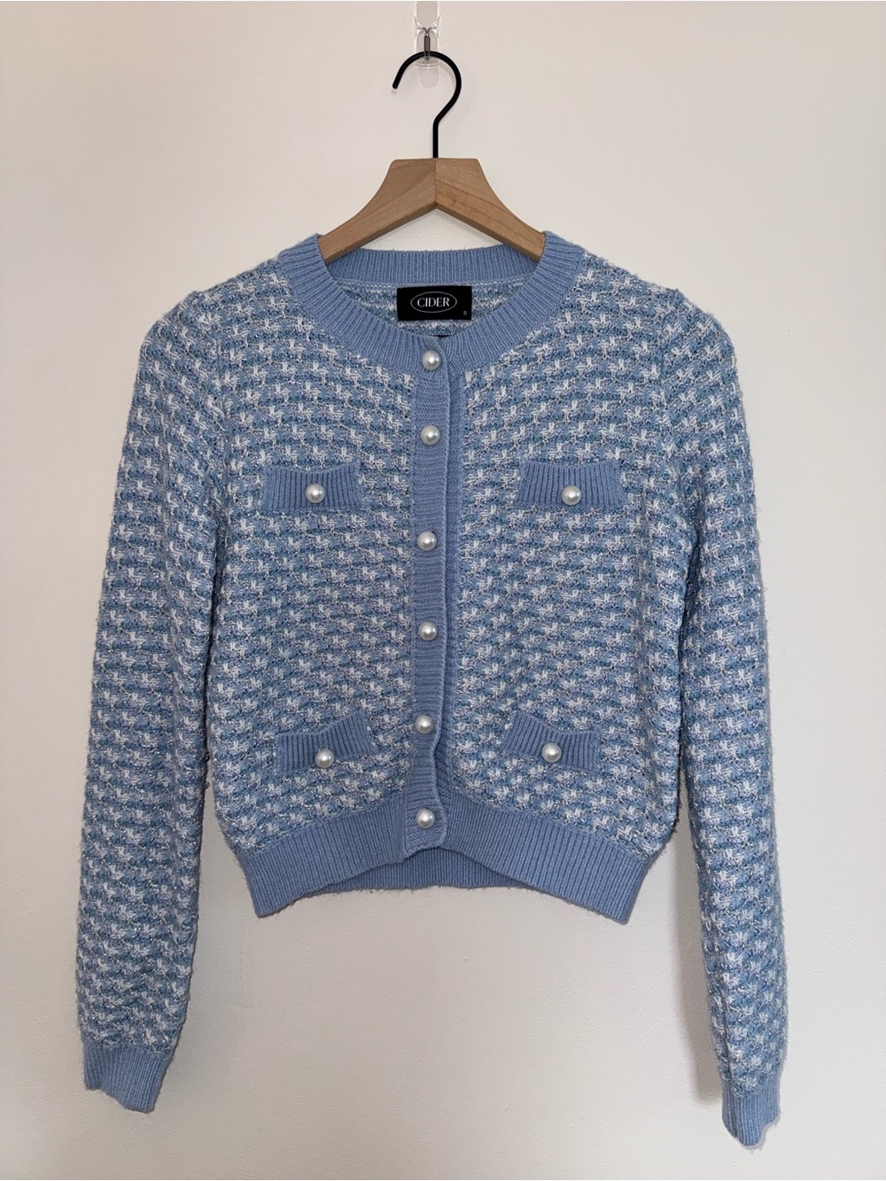 Cider Pale Blue Tweed Pearl-Button Cardigan